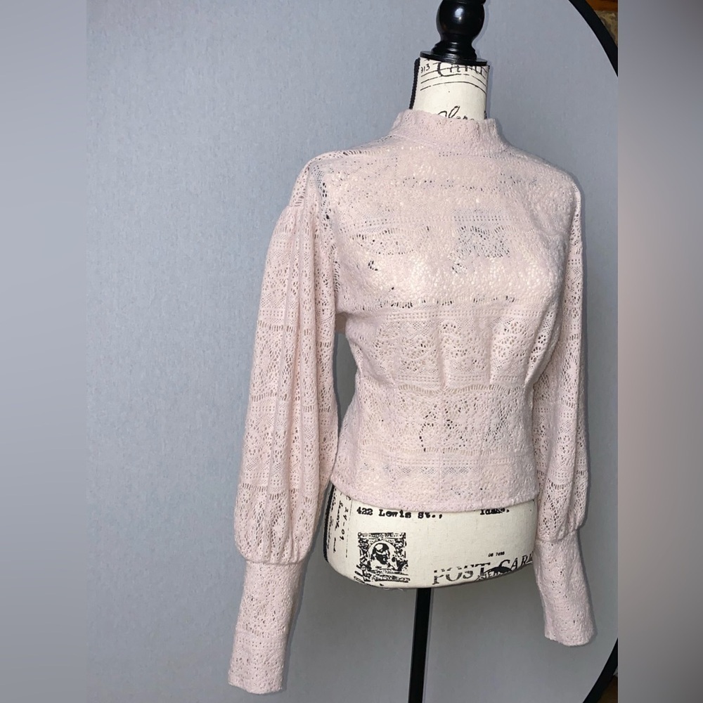 Free People Blush Pink Lace Mock Neck Top Balloon Sleeve Sheer Knit Boho L - Picture 11 of 13